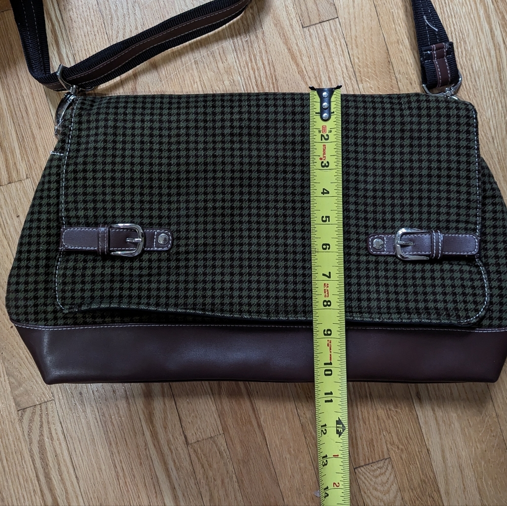 Y2K Vintage Tommy Hilfiger Wool & Leather Houndstooth Messenger Bag Brown Green - Picture 12 of 13